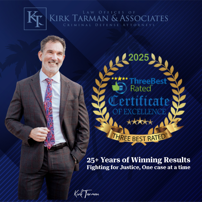 Attorney Kirk M. Tarman honored as one of the Top 3 Criminal Defense Attorneys in Rancho Cucamonga for the third consecutive year, 2023–2025. Award recognition graphic with celebratory theme.